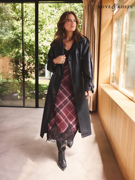 Black - Love & Roses Faux Leather Belted Trench Coat