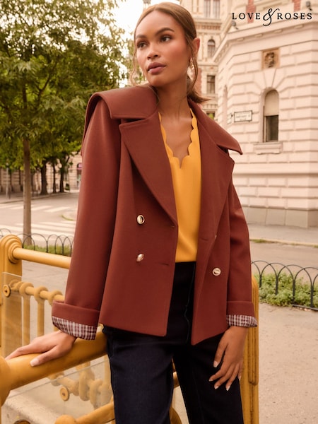 Cinnamon - Love & Roses Faux Wool Double Breasted Cropped Pea Coat