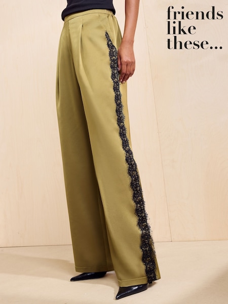 Green - Friends Like These Lace Side Trim Satin Wide Leg Trousers