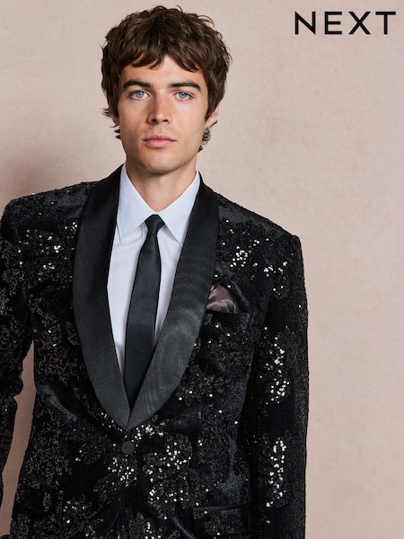 Black - Regular Fit Sequin Velvet Blazer