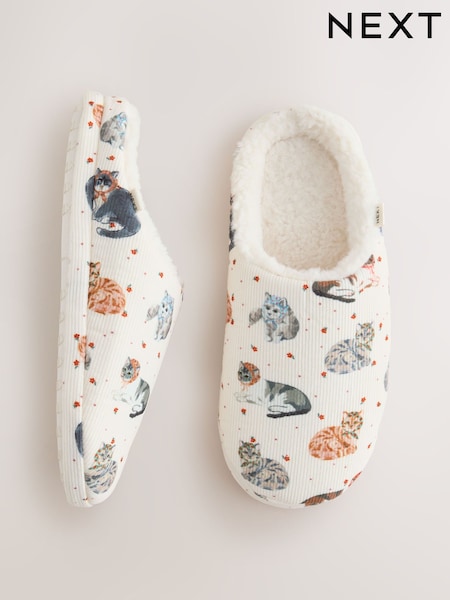 Cream Cat - Plush Mule Printed Slippers