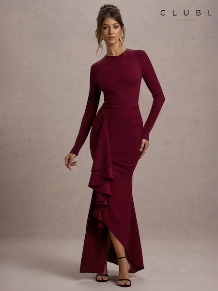 Club L London Red Alayna | Berry Long-Sleeve Maxi Dress With Ruffled Split (H01635) | £85