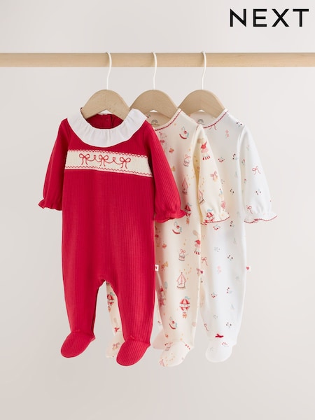 Red/White Christmas - Collar Baby Sleepsuits 3 Pack (0mths-2yrs)