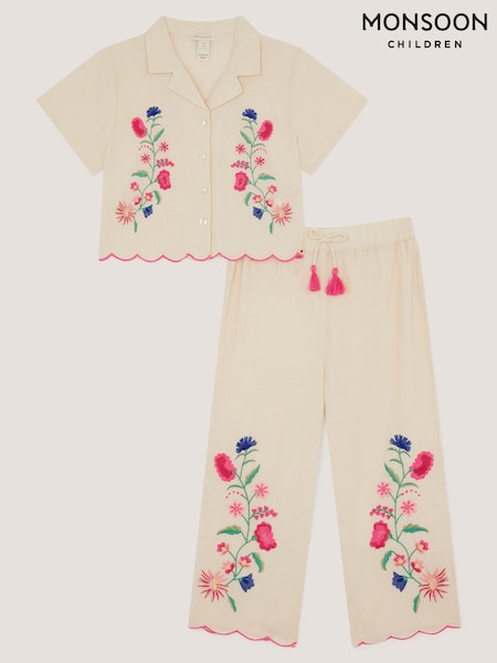 Monsoon White Floral Embroidered Shirt & Trousers Set (H01749) | £36 - £40