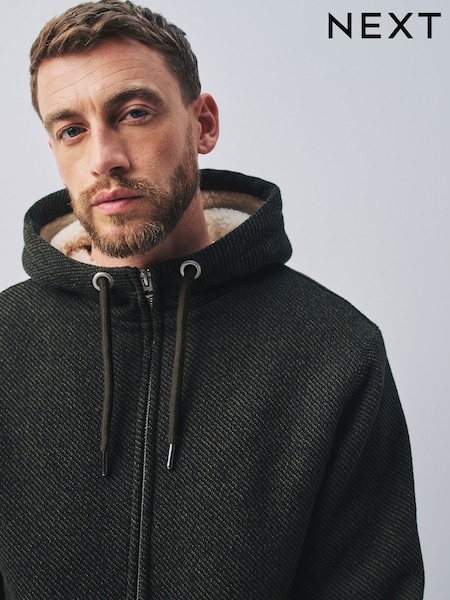 Khaki Green - Regular Textured Borg Lined Zip Through Hoodie