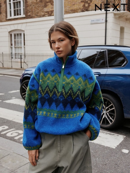 Blue/Green Fairisle - Quarter Zip Borg Jacket