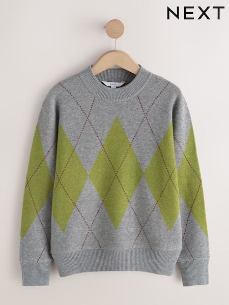 Grey/Green - Crew Neck Knit Look Jumper