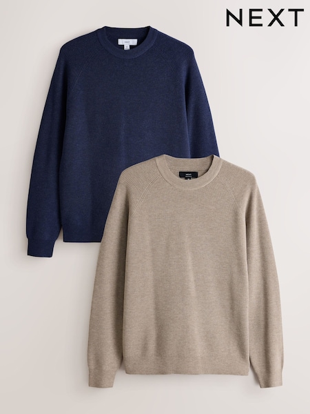 Navy Blue/Neutral - Regular Crew Neck Jumpers 2 Pack