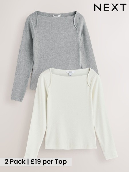 Grey/White - Long Sleeve Ribbed Boat Neck Tops 2 Pack