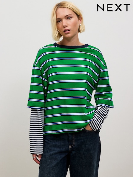 Green Stripe - Relaxed Fit Layered Long Sleeve T-shirt