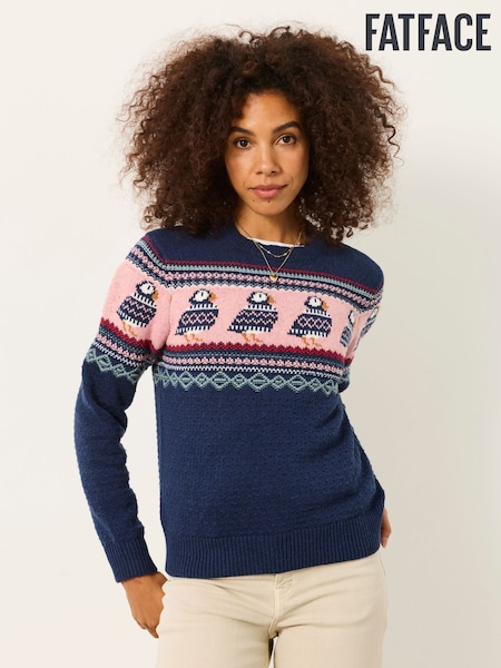Navy - Fatface Fairisle Knitted Crew Neck Christmas Jumper