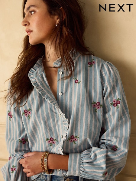 Blue Corduroy Stripe - Piecrust Ruffle Floral Embroidered Blouse