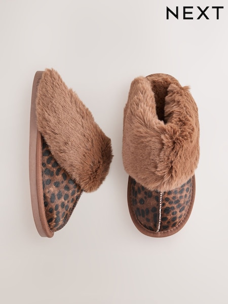 Animal/Brown - Faux Fur Lined Suede Mule Slippers