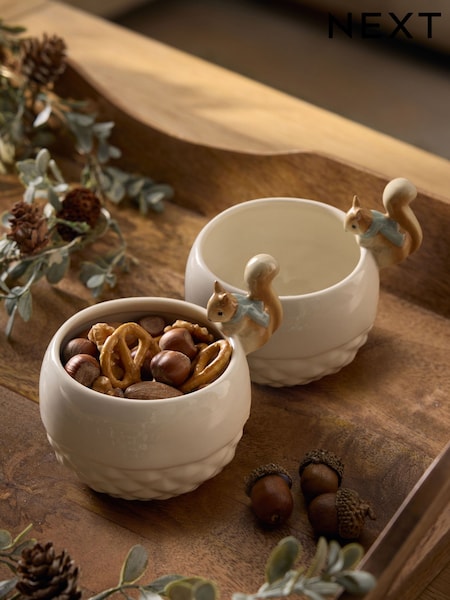 Set Of 2 Wonderful Woodland Winter Squirrel And Acorn Nibble Bowls