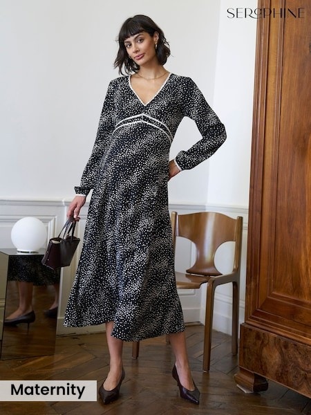 Black - Seraphine Polka Dot Maternity V-neck Maxi Dress