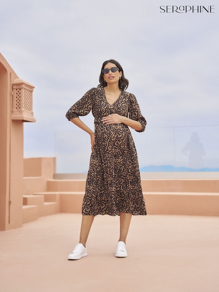 Brown - Seraphine Maternity Midi Tiered Lift Up Dress