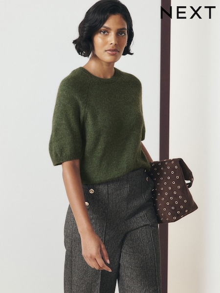 Khaki Green - Knitted Short Sleeve Jumper