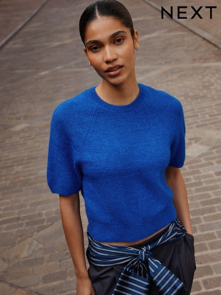 Cobalt Blue - Knitted Short Sleeve T-shirt Jumper