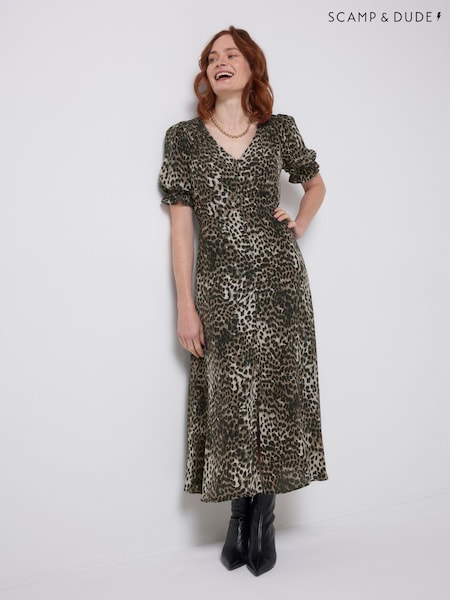 SCAMP & DUDE Green Wild Cheetah Flute Sleeve Midi Tea Dress (H04763) | £110