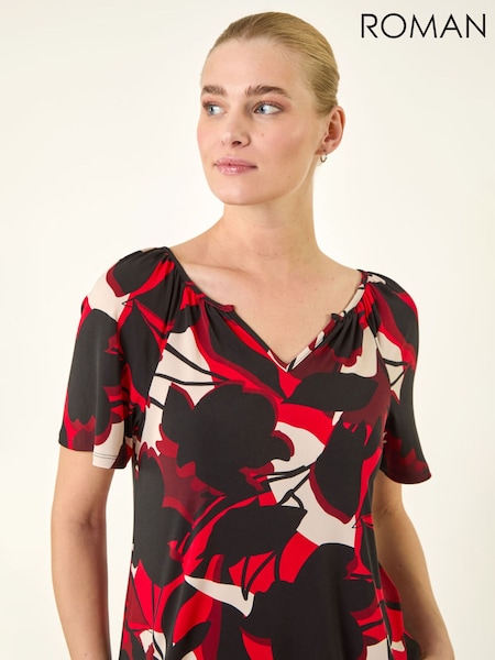 Roman Red Gathered Notch Neck Stretch Top (H04848) | £35