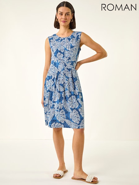 Roman Blue Leaf Print Panel Dress (H04852) | £50