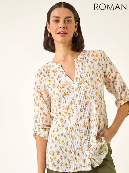 Roman Orange Floral Print Trim Blouse (H04865) | £40