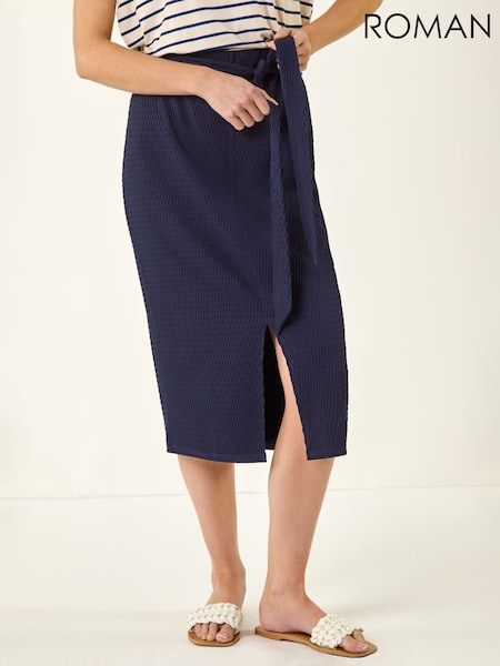 Roman Blue Textured Belted Pencil Skirt (H04866) | £35