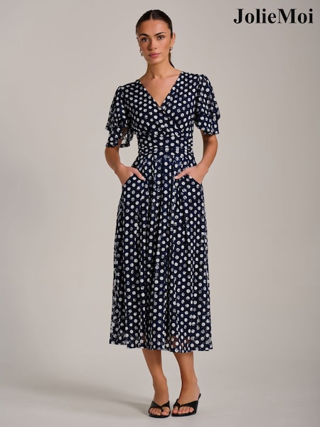 Jolie Moi Blue Angel Sleeve Print Lace Maxi Dress (H05089) | £78