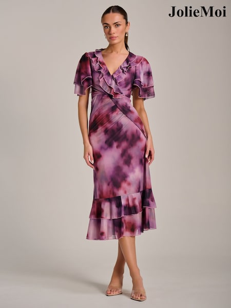 Jolie Moi Purple Ruffle Detail Ruched Mesh Midaxi Dress (H05094) | £85