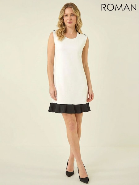 Roman White Contrast Knit Fluted Hem Dress (H05177) | £52