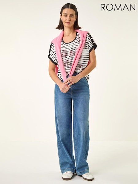 Roman Black Floral Stripe Print T-Shirt (H05182) | £35