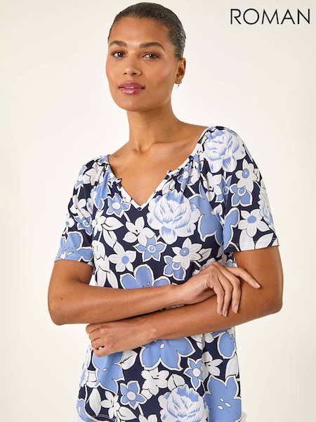 Roman Blue Floral Puff Print V-Neck Top (H05183) | £35