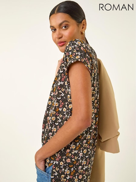 Roman Pink Floral Puff Print Collared Top (H05189) | £36