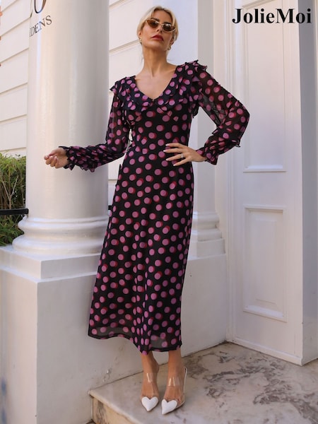 Jolie Moi Black Ruffle V-Neck Long Sleeve Mesh Midaxi Dress (H05404) | £75