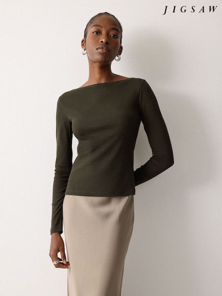 Jigsaw Green Long Sleeve Cotton Rib Slash Neck T-Shirt (H05709) | £49