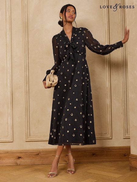 Black - Love & Roses Novelty Embroidered Tie Neck Midi Dress