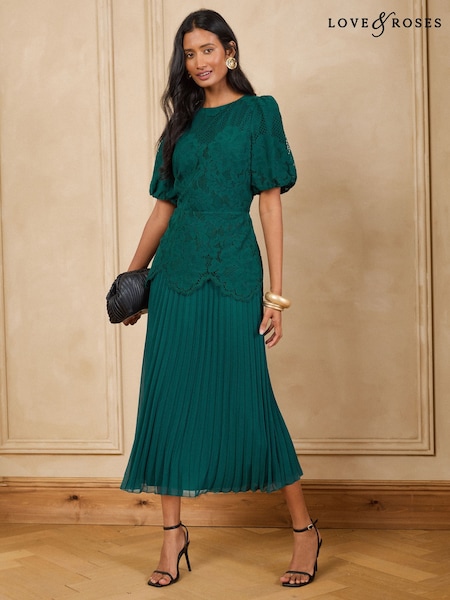 Green - Love & Roses Lace Drop Waist Puff Sleeve Midi Dress