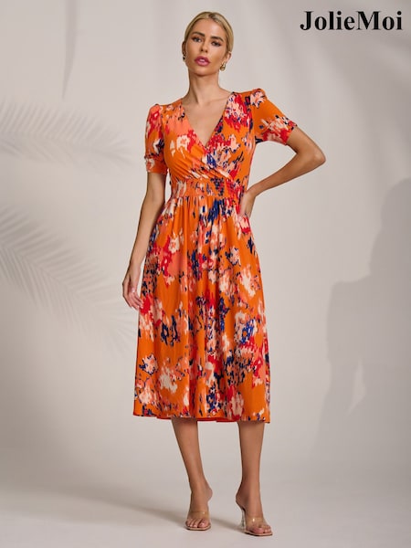 Jolie Moi Orange Short Sleeve Printed Jersey Midi Dress (H06191) | £60
