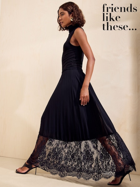 Black - Friends Like These Lace Hem Pleated Chiffon Midi Skirt