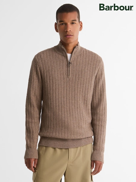 Brown - Regular Barbour® Herringbone Knitted Half Zip Jumper