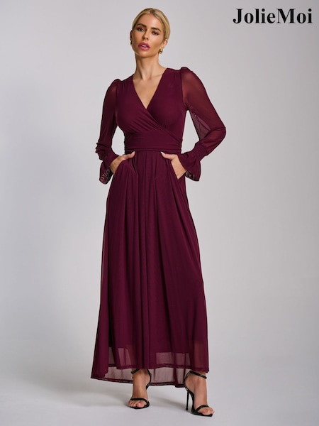 Jolie Moi Purple Mesh Long Sleeve Maxi Dress (H06302) | £78