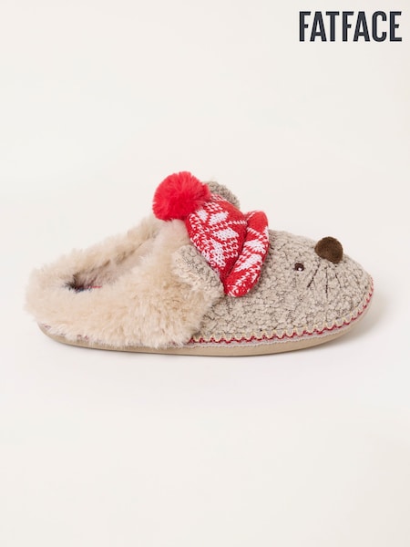 Brown - Fatface Christmas Mouse Novelty Mule Slippers