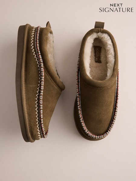 Tan Brown - Regular Signature Tape Suede Slippers