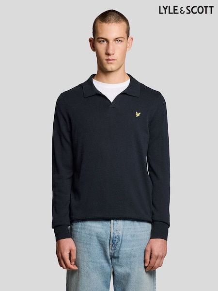 Lyle & Scott Blue Cotton Long Sleeve Polo Collar Jumper (H08675) | £75