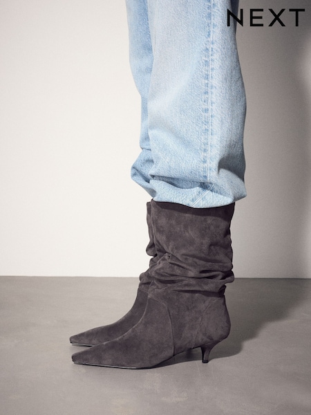 Grey - Forever Comfort® Slouch Pointed Toe Kitten Heel Boots
