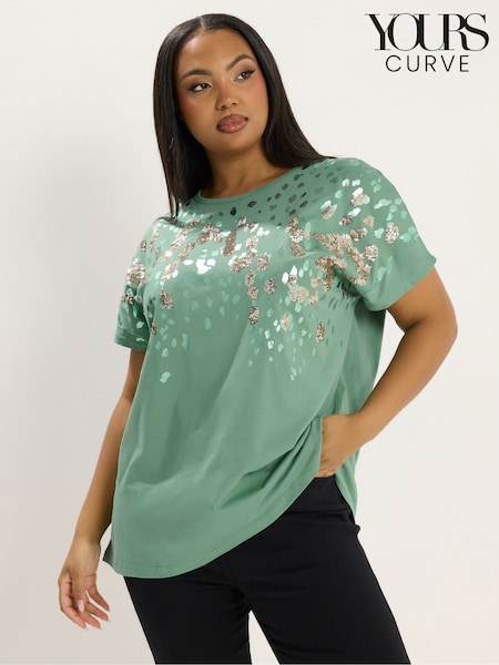 Yours Curve Green Sequin Animal T-Shirt (H09636) | £24
