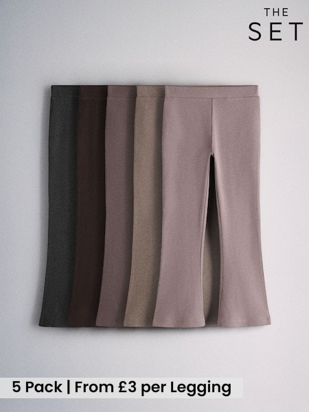 Pink/Purple/Brown Marl/Chocolate Brown - The Set 5 Pack Ribbed Flare Leggings