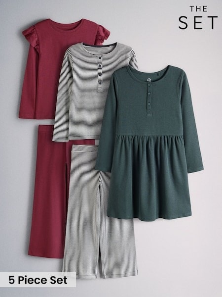 Burgundy Red/Green/Stripe - The Set 5 Piece Long Sleeve Jersey Henley Frill Shoulder T-shirt Wide Leg Joggers And Henley Dress Set