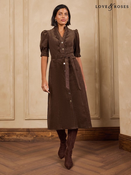 Chocolate Brown - Love & Roses Cord Scallop Detail Midi Dress