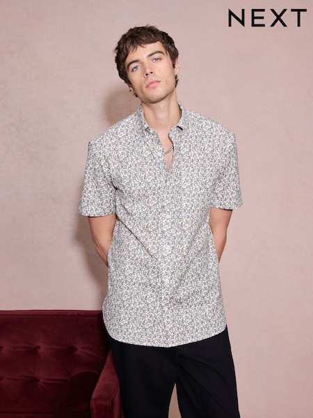 White Floral - Regular Print Stretch Oxford Slim Fit Short Sleeve Shirt
